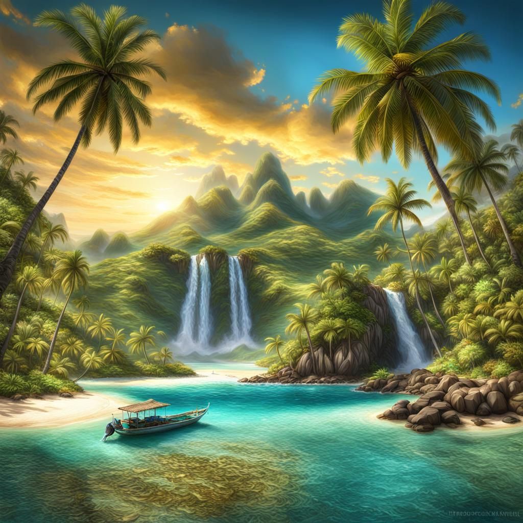 Island Oasis with Waterfall in Hyperrealistic 3D