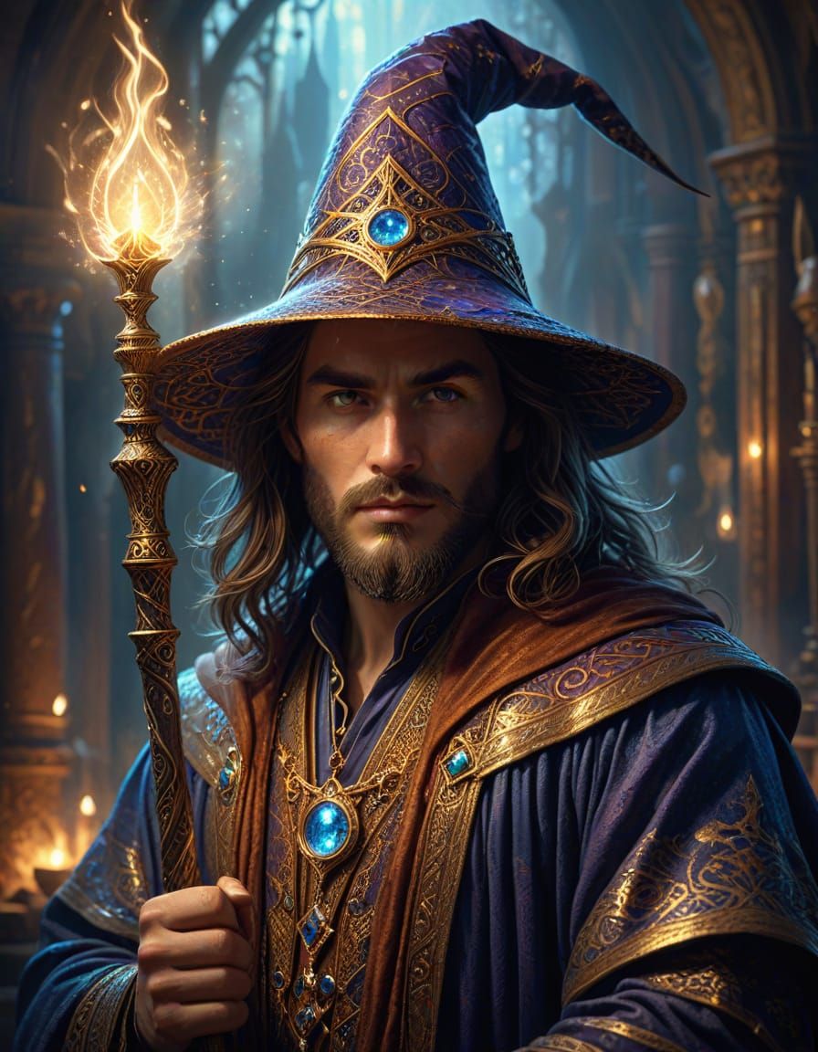 Handsome Young Wizard with Magical Staff in Fantasy Illustra...