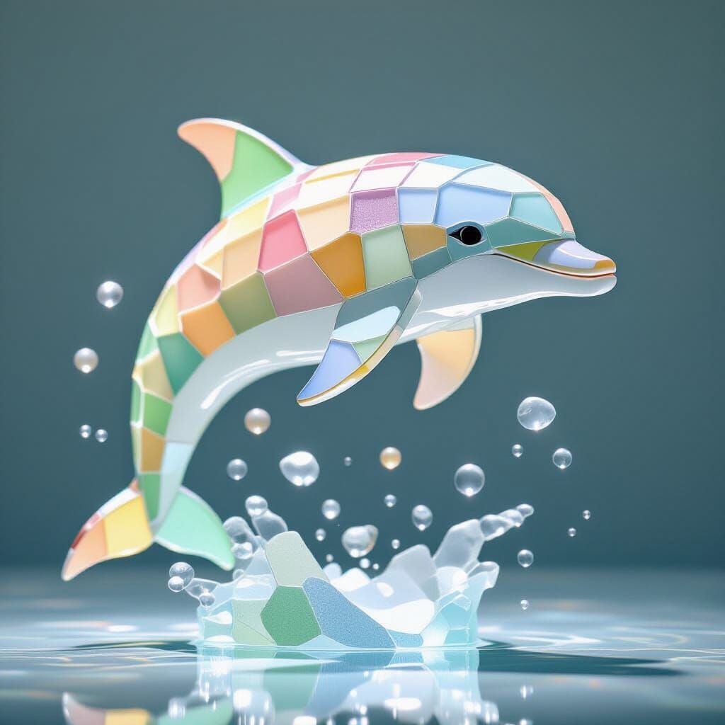 Playful Sea Glass Dolphin Leaping in Shimmering Ocean