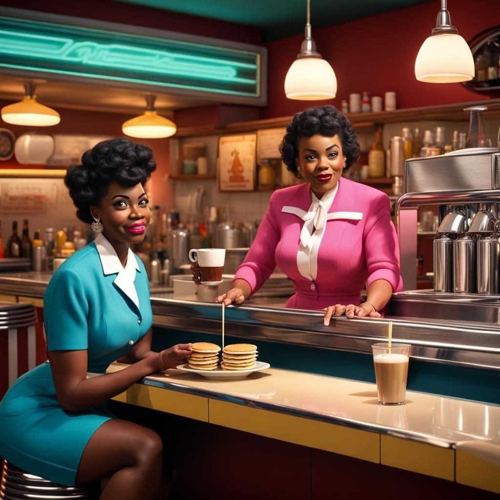 1950s Diner Scene with Woman at Counter in 3D
