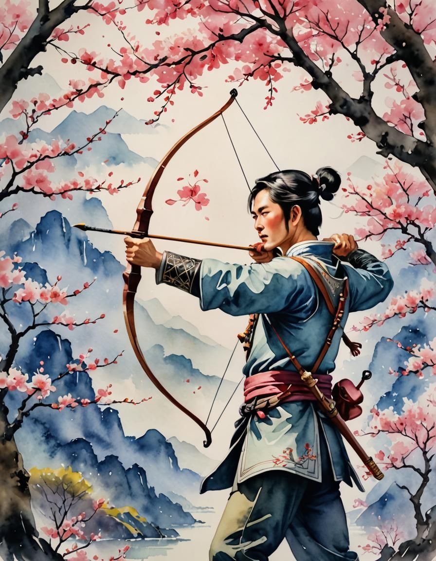 Archer in Cherry Blossoms: Chinese Watercolor Art