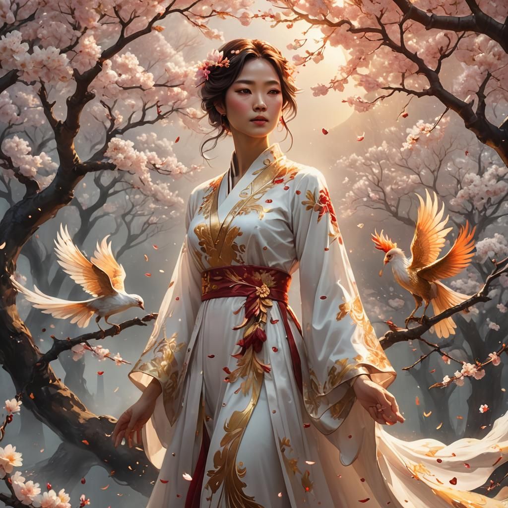 Woman with Phoenix Under Cherry Tree, Art Nouveau