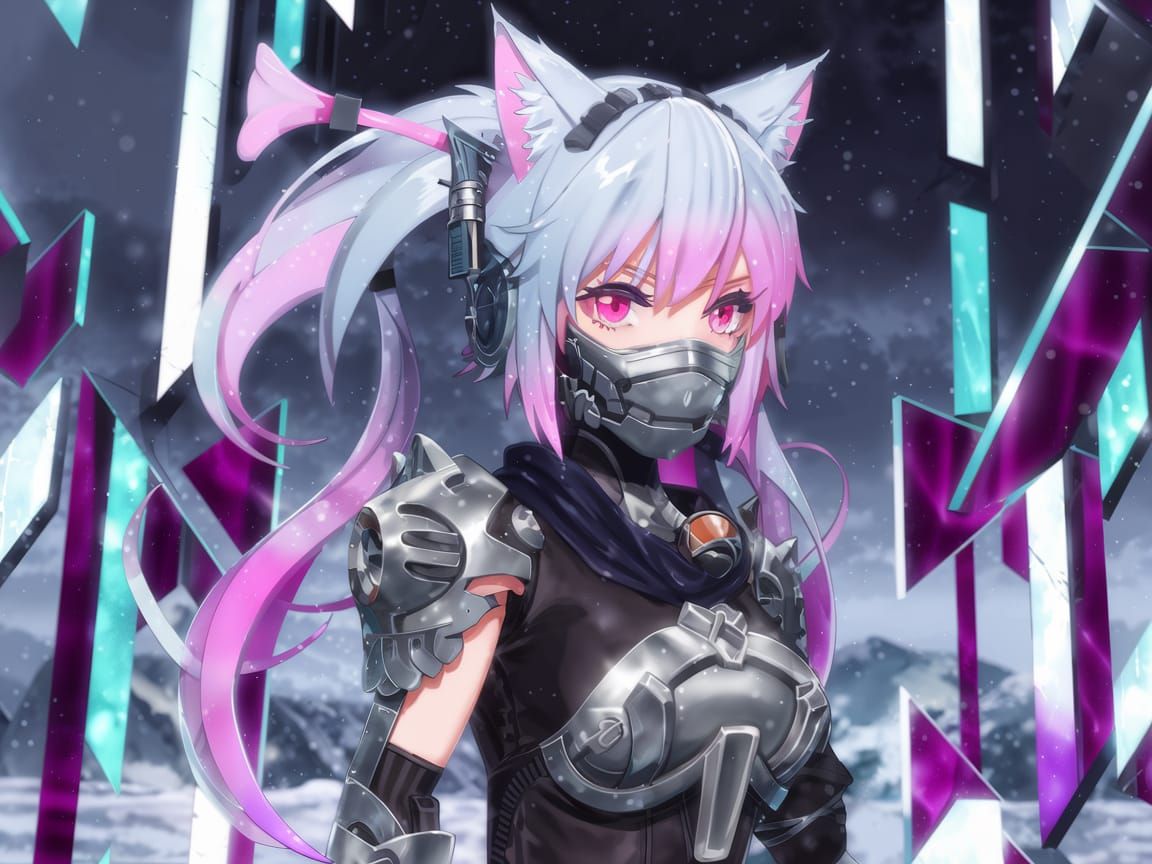 Cyborg Ninja Girl with Oni Mask in Snowy Landscape