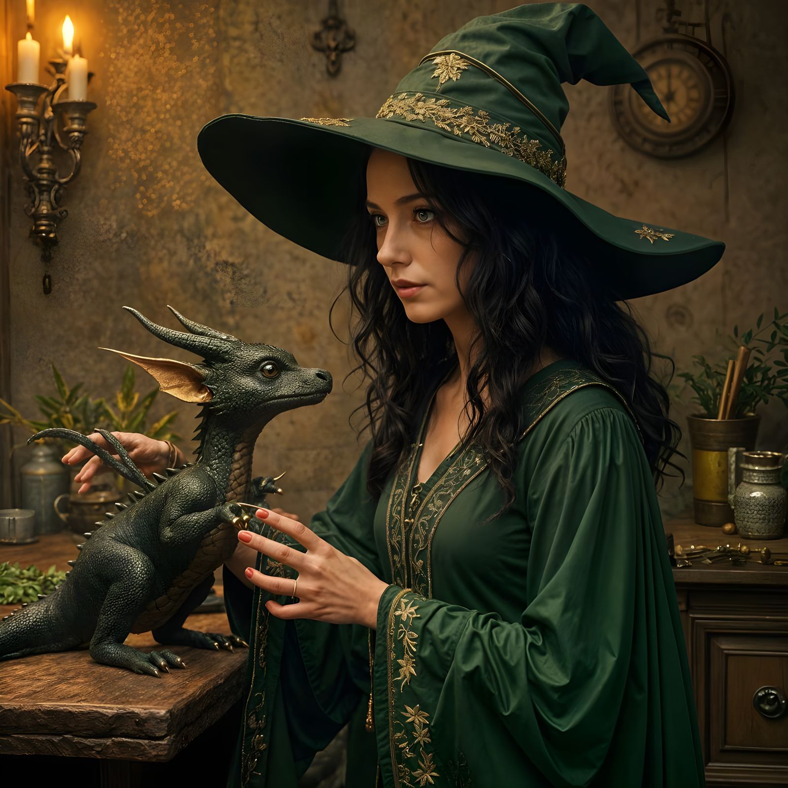 Enchanting Witch and Dragon Familiar in Kitchen