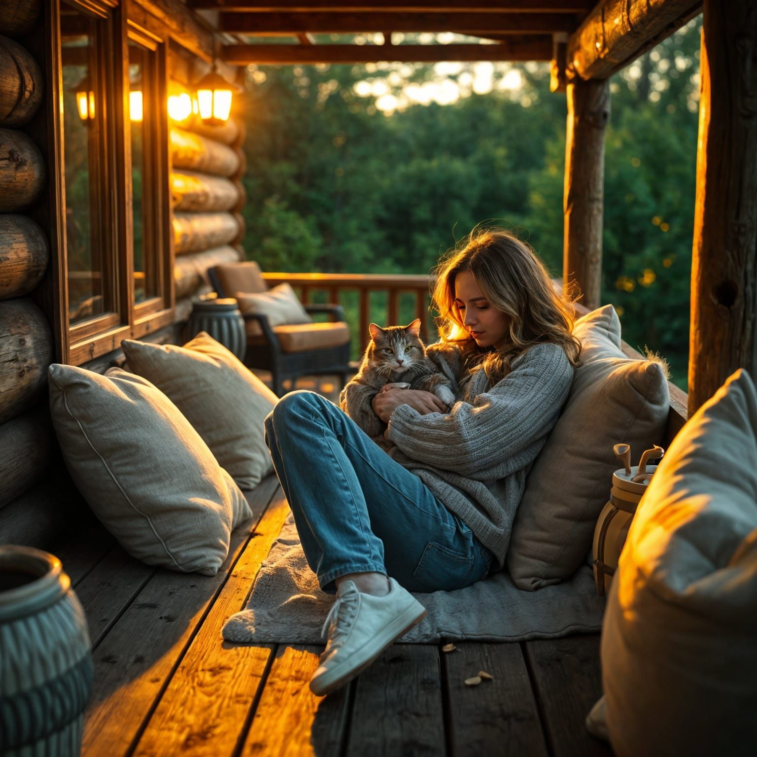 Cozy Cabin Scene with Woman and Cat at Sunset
