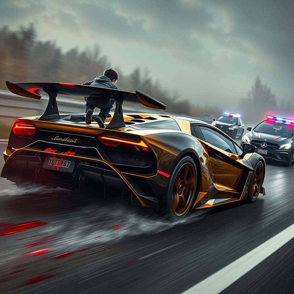 Black and Gold Lamborghini Speeds Down Highway with Boy in H...