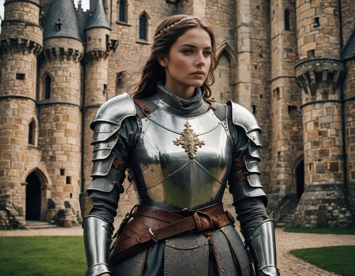 beautiful medieval female knight standing alone outside a ca...