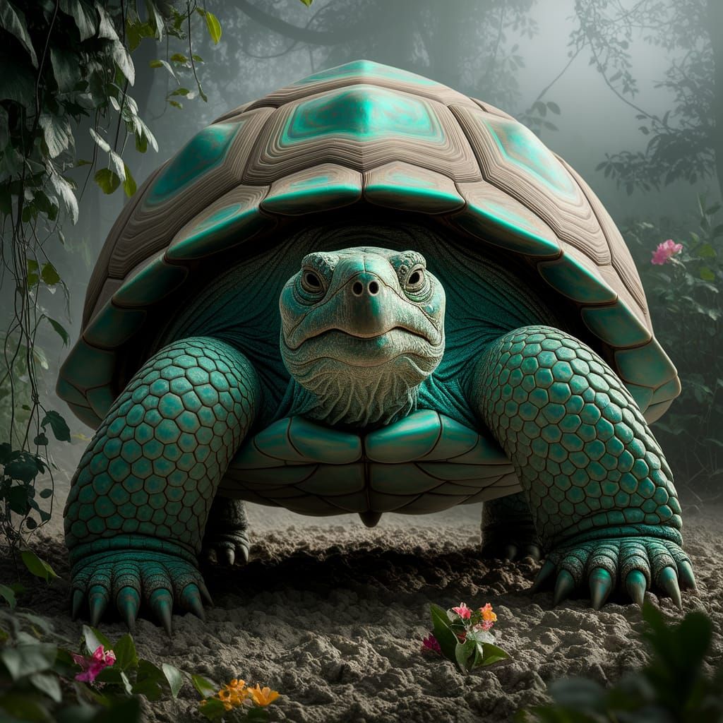 Giant Turquoise Tortoise Emerges from Mud in Jungle