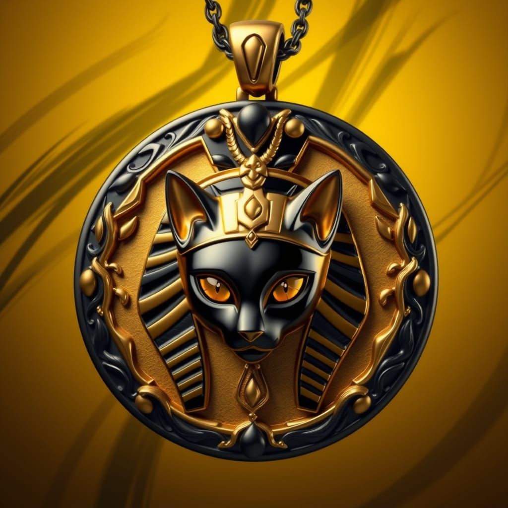 Luxurious, 3D-Rendered Gold Pendant with Feline Visage and K...