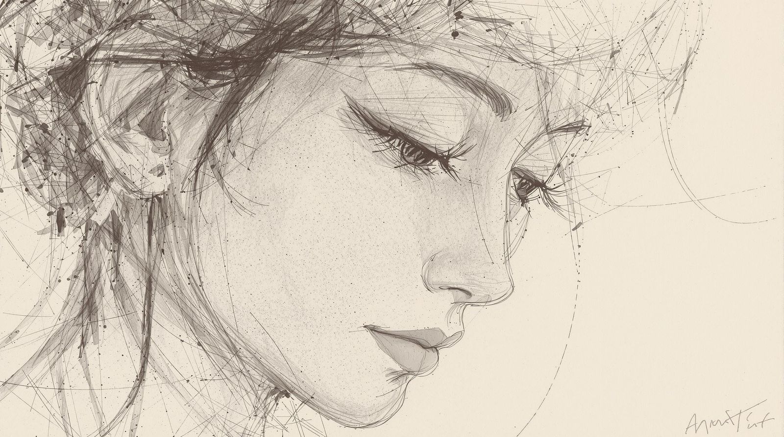 Asian Woman in Pensive Pencil Sketch