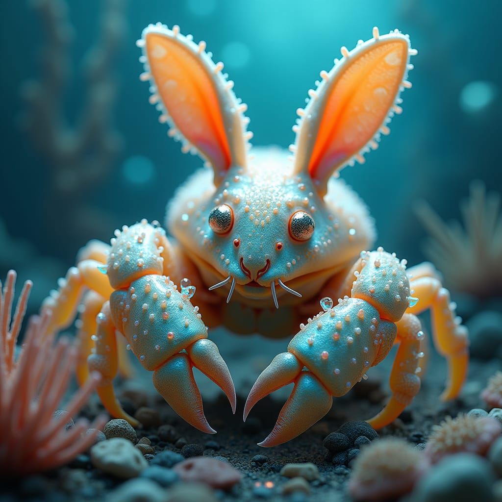 Iridescent Bunny-Crab Hybrid in an Oceanic Digital Painting