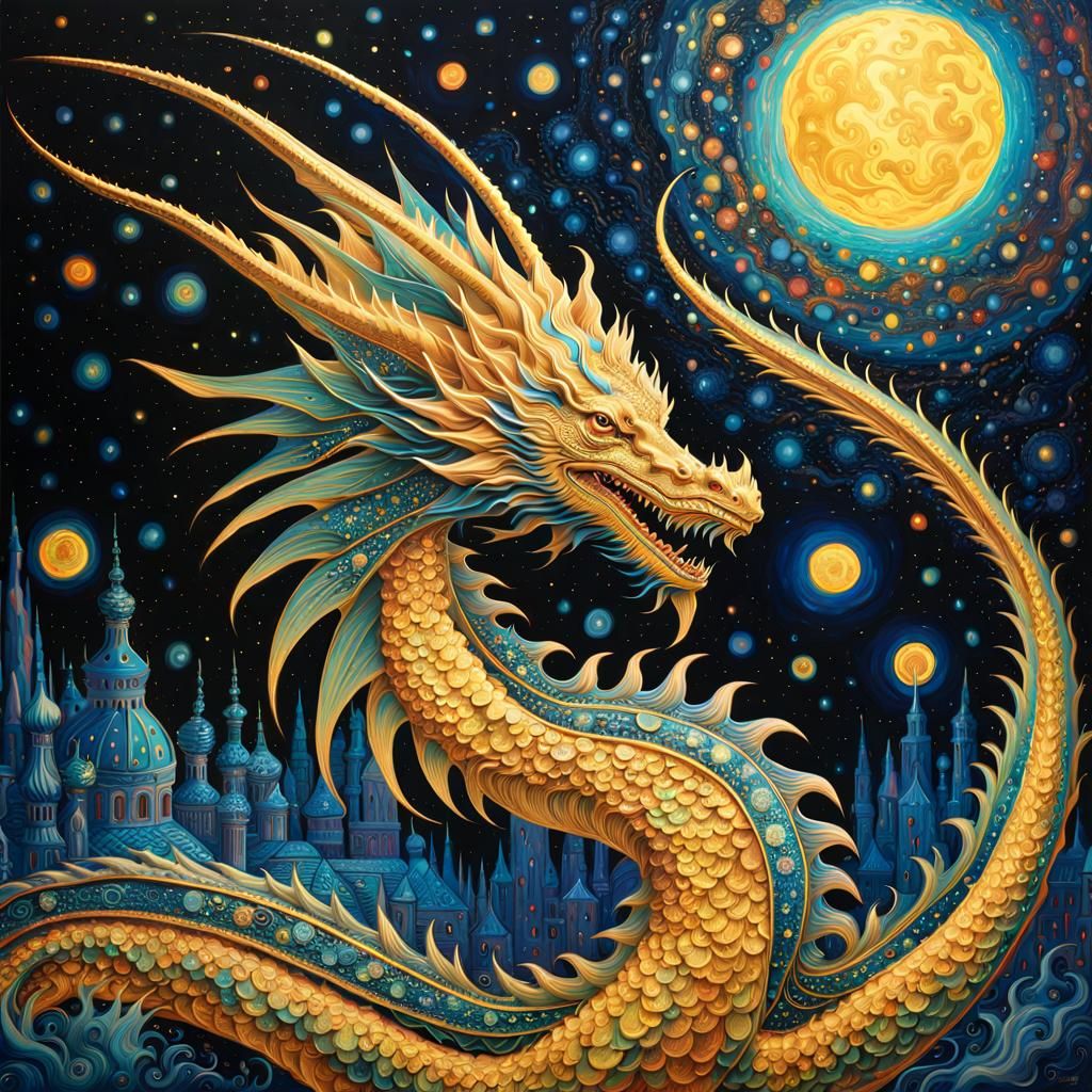 Golden Dragon in Bioluminescent Sky, Sci-Fi Art