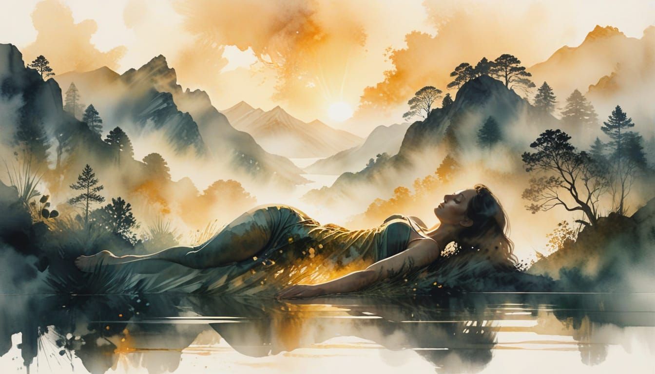 Ethereal Watercolor Painting of a Woman in a Dreamy Landscap...