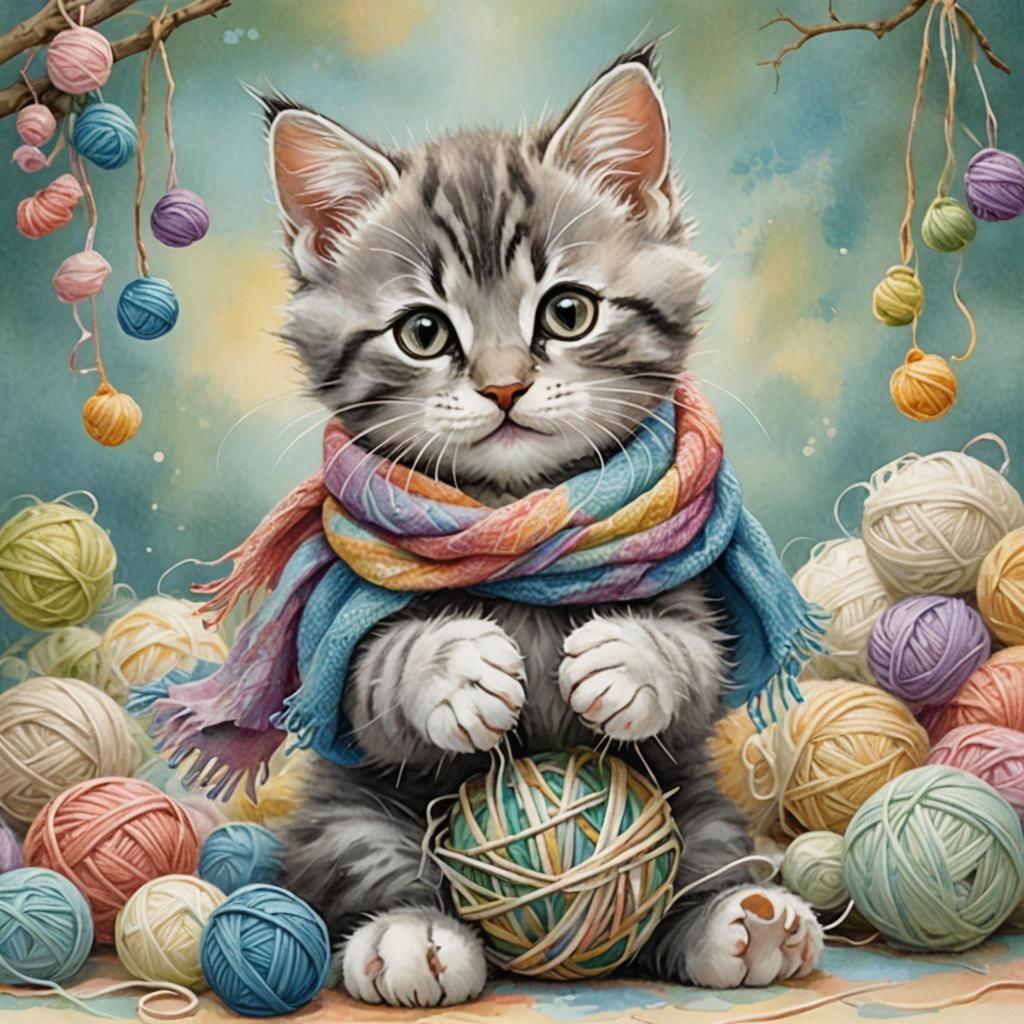 Kitten in Scarf: Whimsical Watercolor Illustration