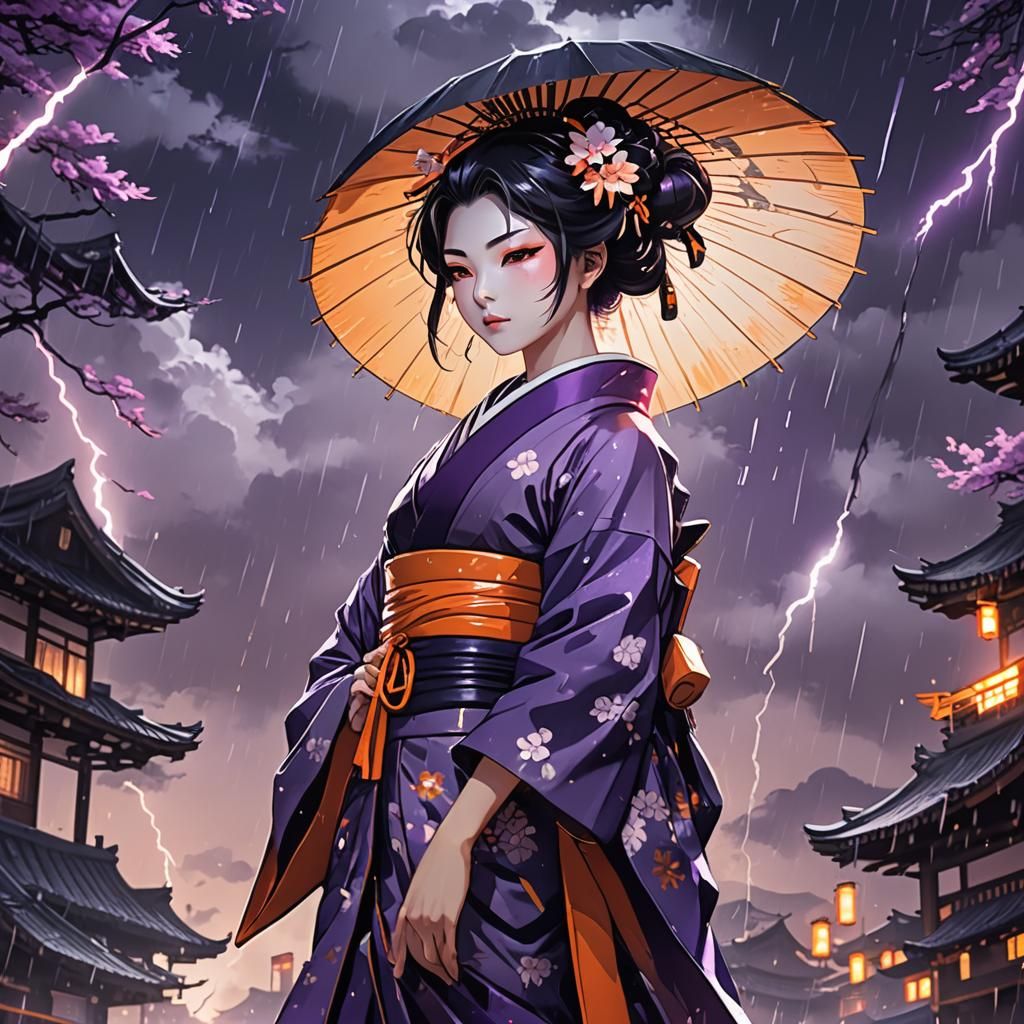 Moonlight Geisha in Anime Style with Lightning