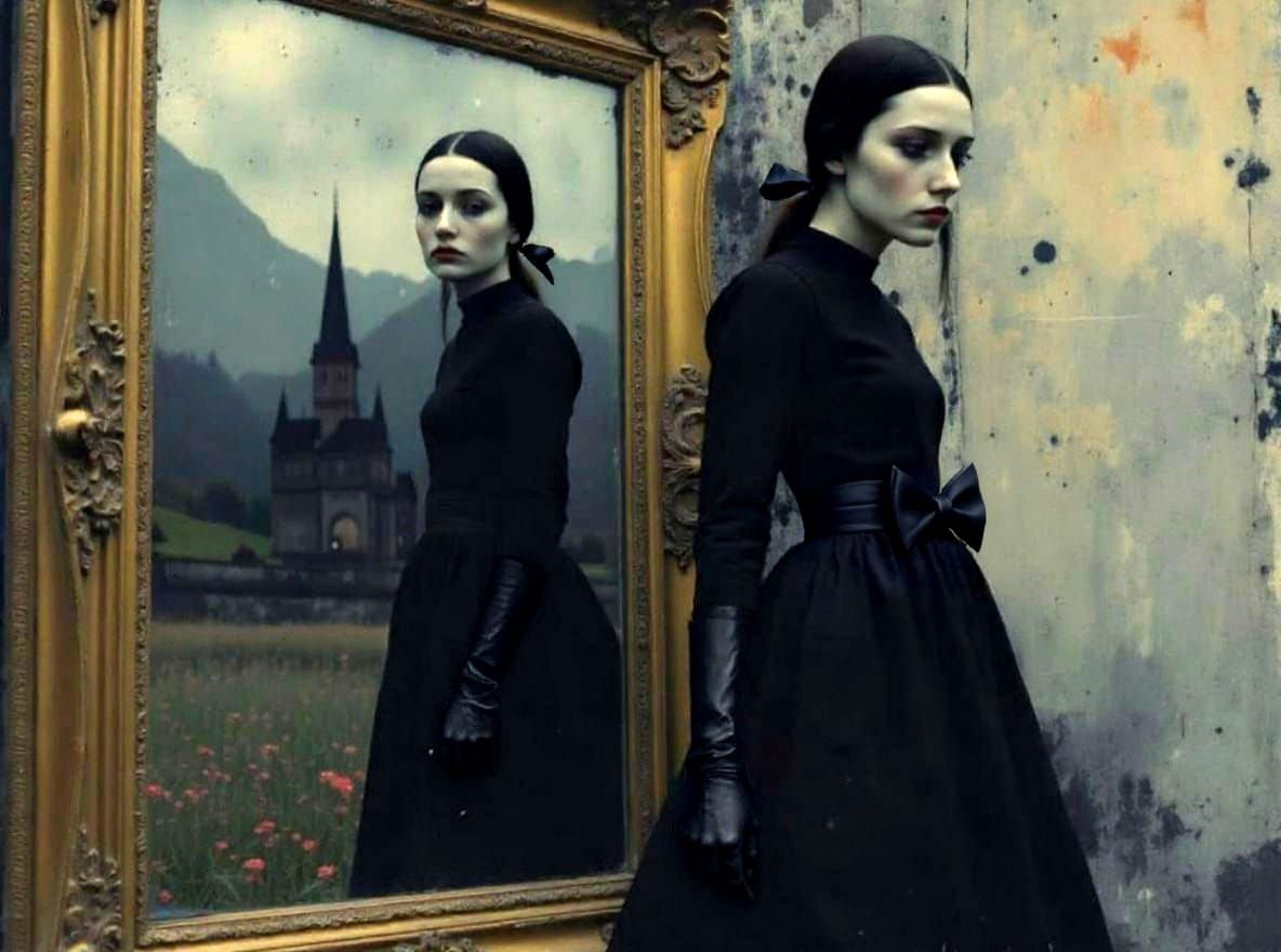 Goth Girl Portrait Reflected in Gilded Mirror