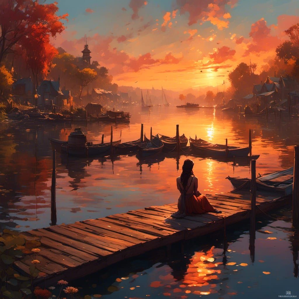 Woman on Dock at Sunset: Digital Painting
