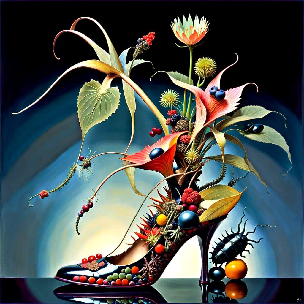 Surrealistic Ikebana Blooms in High-Heeled Shoe