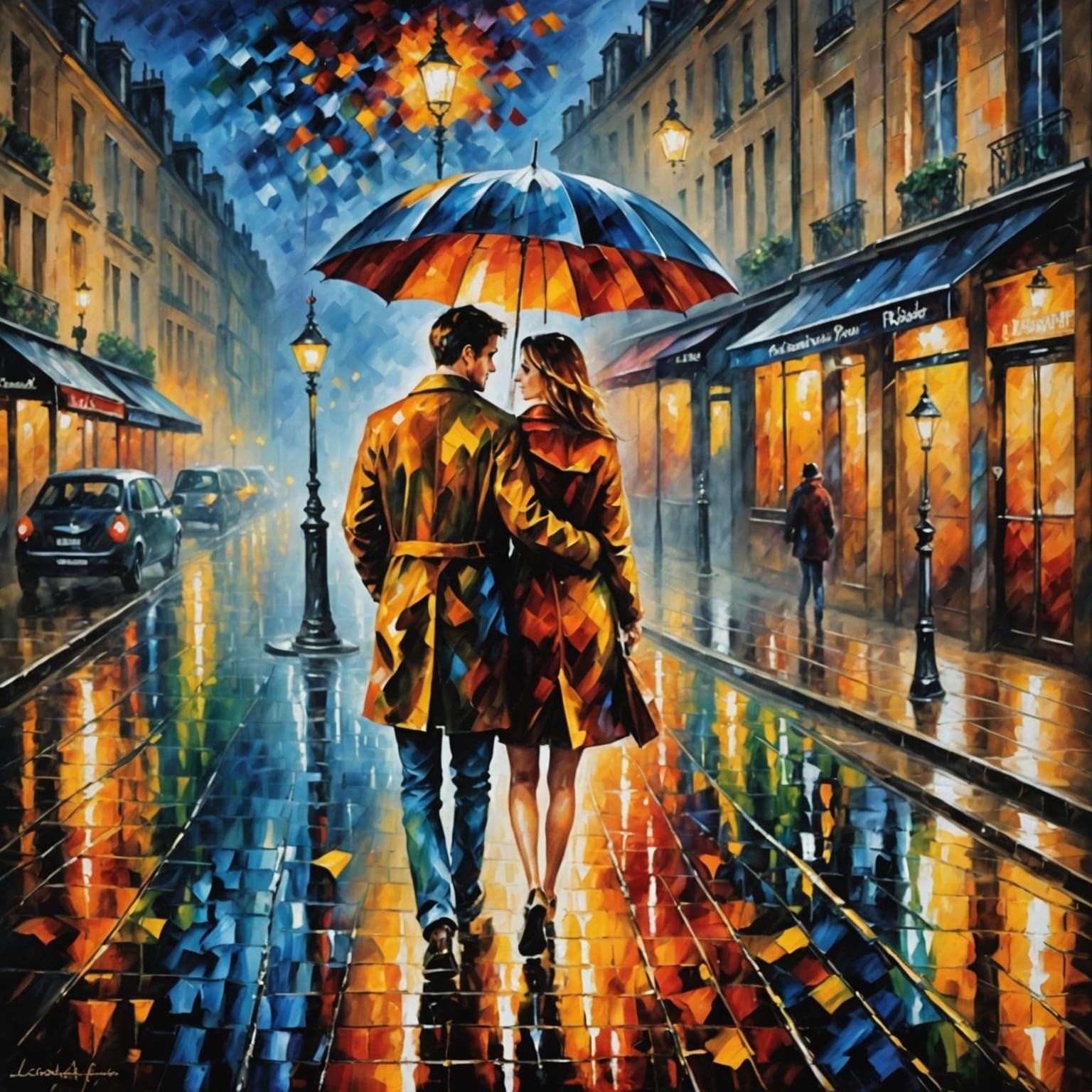 Couple Under Umbrella on Rainy Paris Night