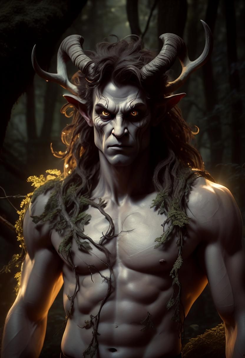 Terrifying Satyr in Dark Forest: Dark Fantasy Art