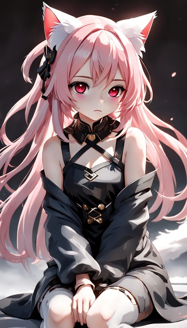 Gentle Anime Goddess with Red Eyes and Pink Hair in Elegant...