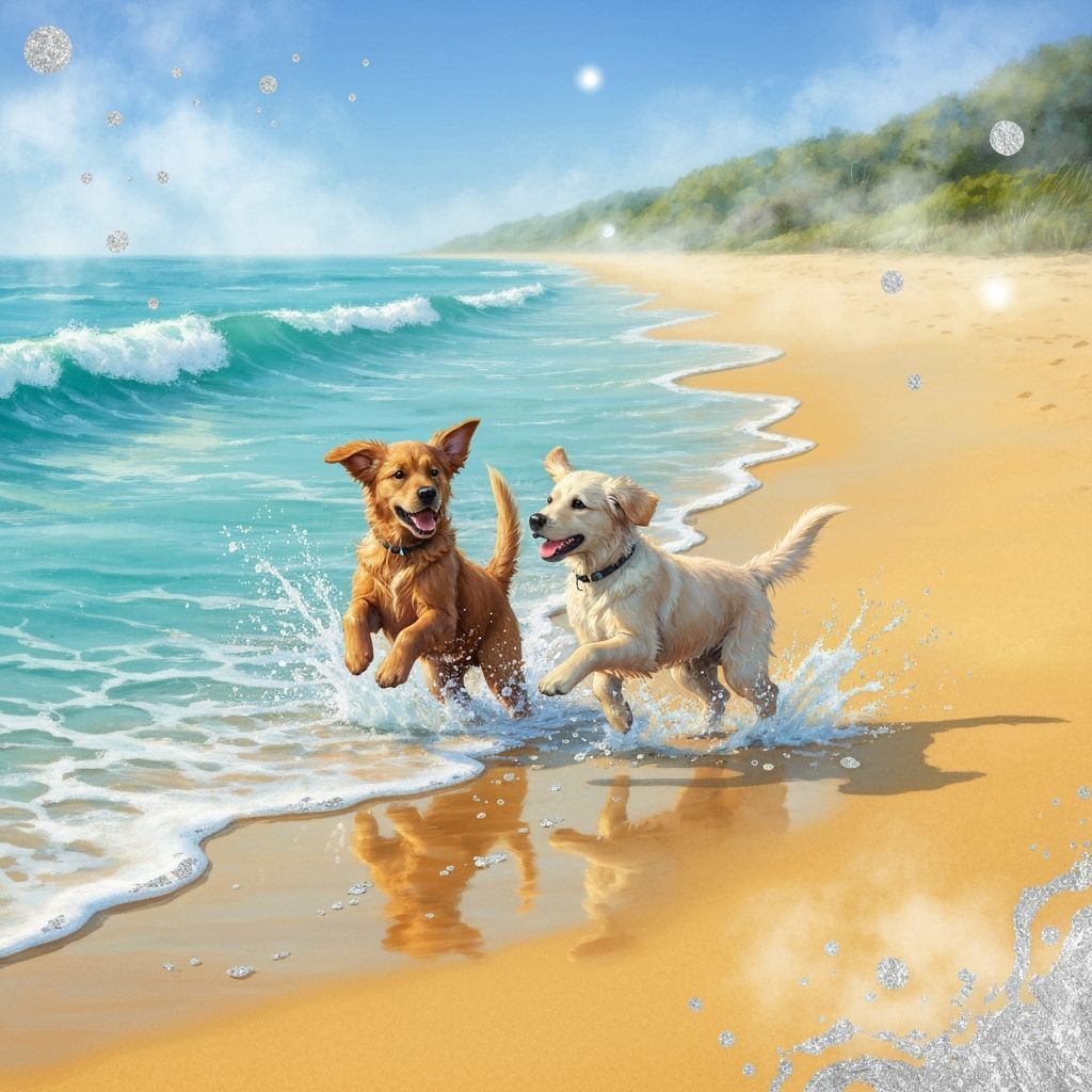 Playful Puppies on Golden Beach in Watercolor Style