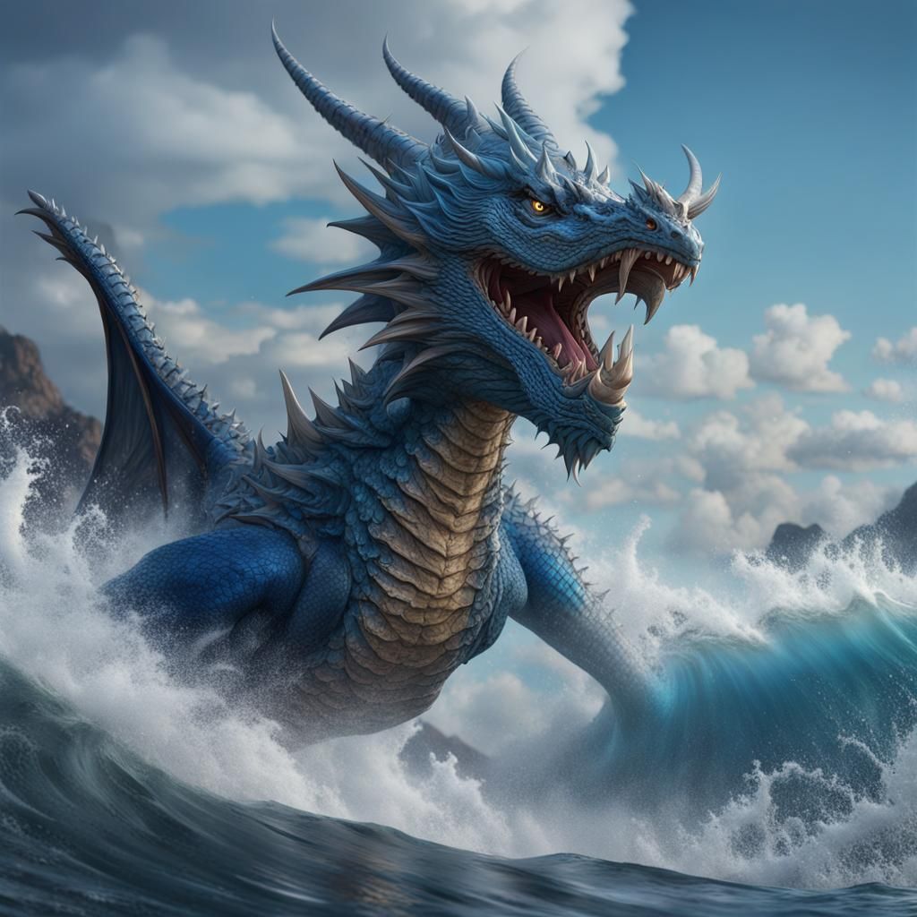 Blue Dragon Leaps from Wave: Detailed Fantasy Art
