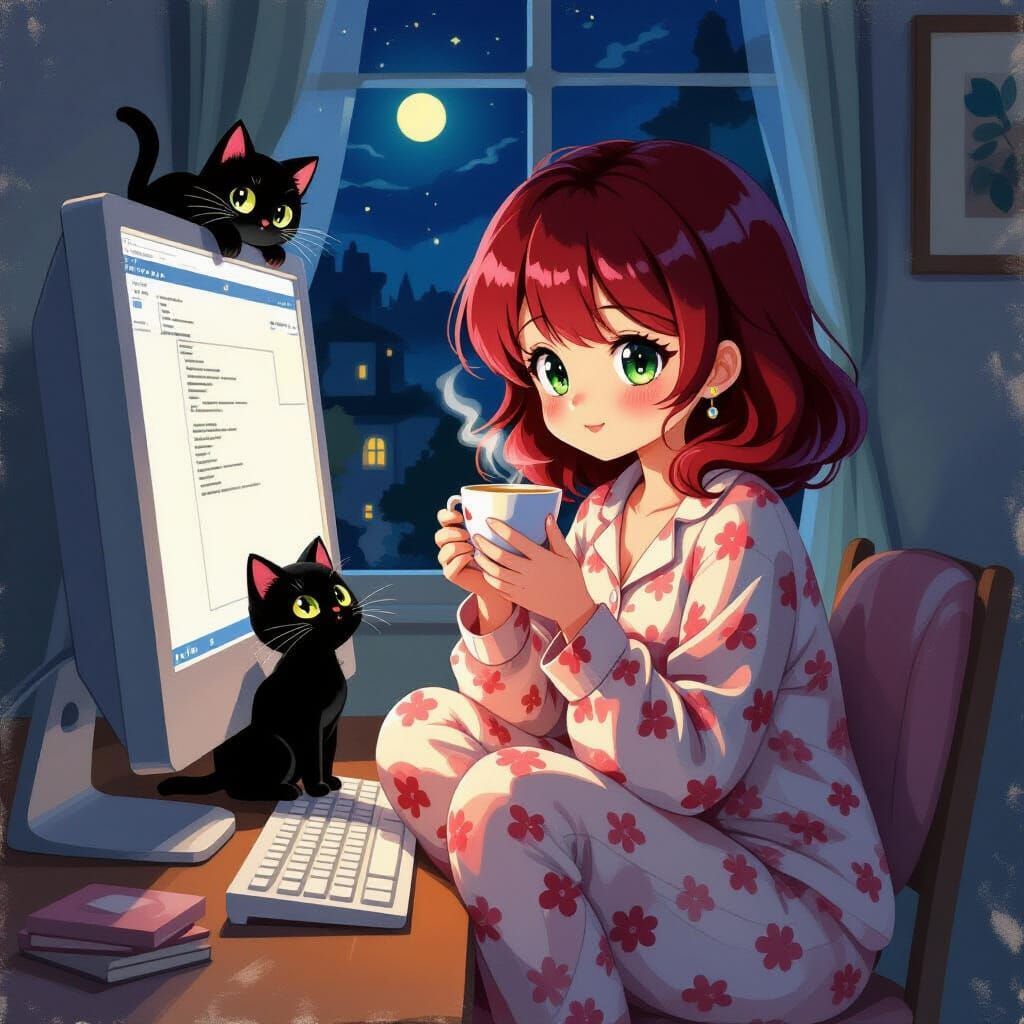 Anime Woman with Kitten, Gouache Style