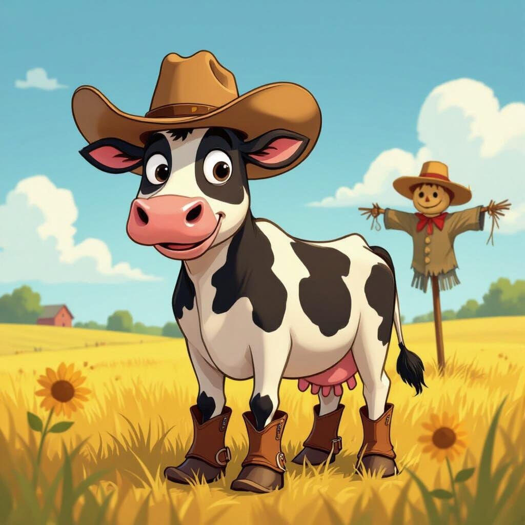 Cartoon Cowboy Cow on the Farm