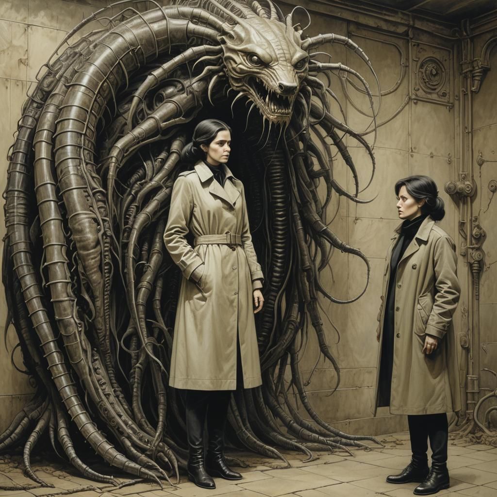 Surreal Ouroboros Centipede with Woman, Cyberpunk Art