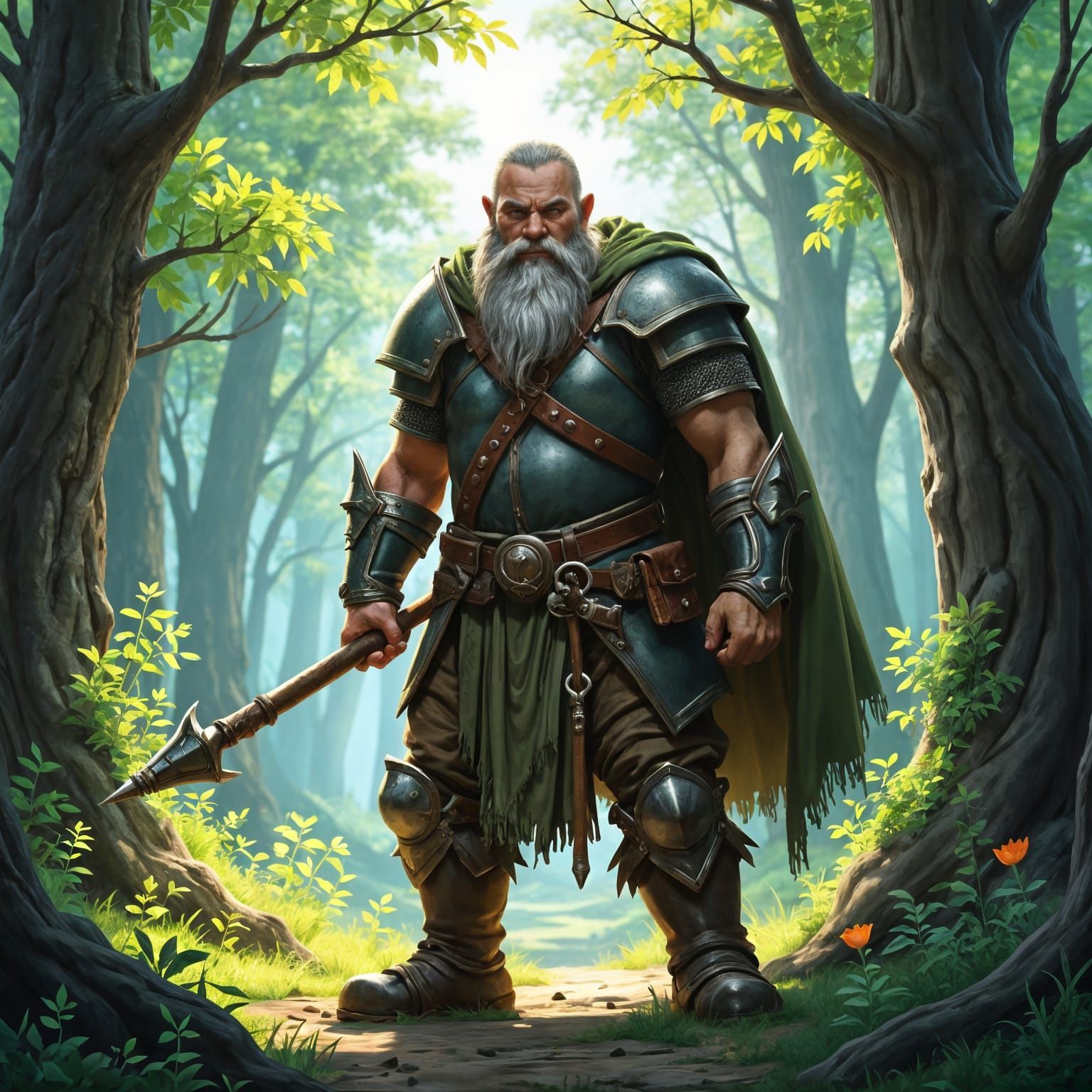 Dwarf Fighter Ready for Battle in Magical Forest