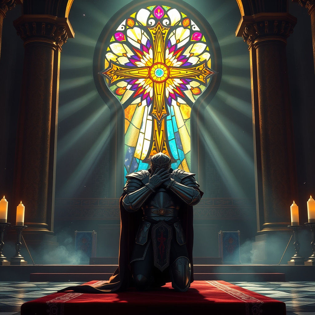 Armored King Kneeling Before Altar in Sunlight