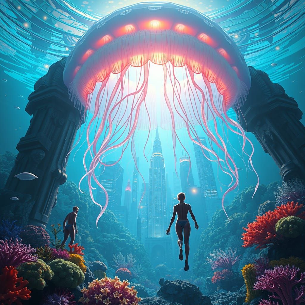 Underwater City Inside Bioluminescent Jellyfish, Futuristic ...