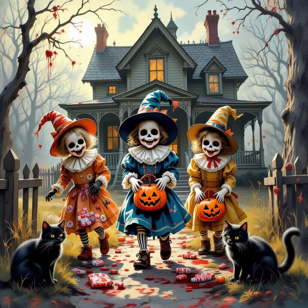 Eerie Skeleton Children in Haunted House Gouache Masterpiece