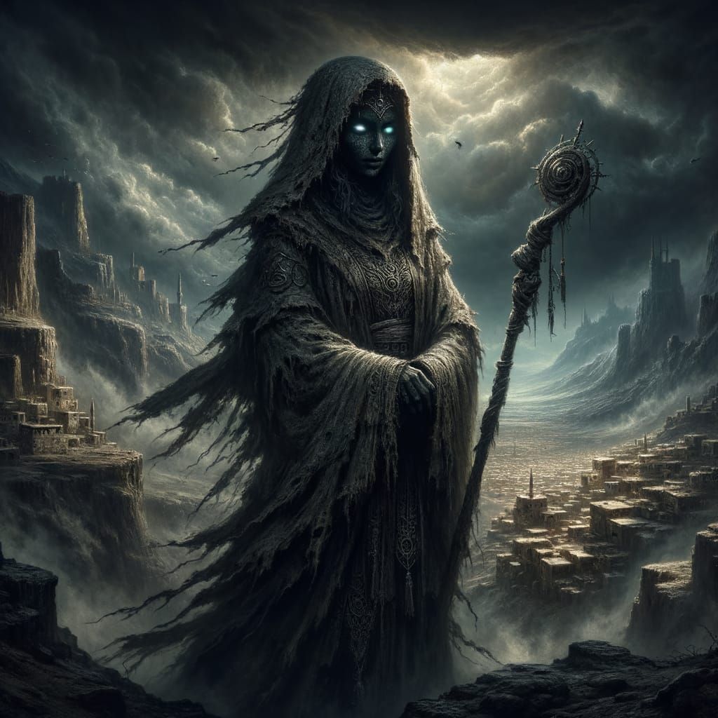 Dark Fantasy Witch on Cliff Overlooking Village