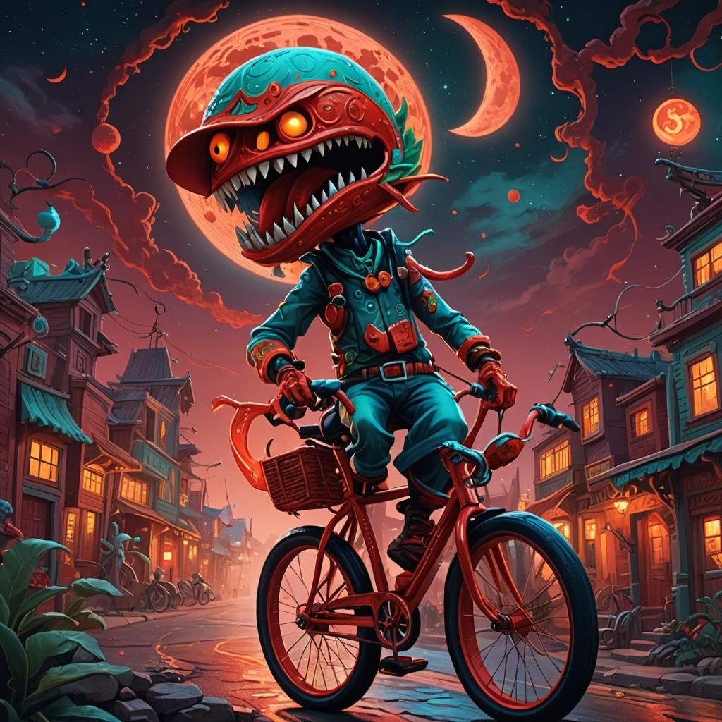 Cartoon Jalapeño Rides Bicycle Under Red Moon