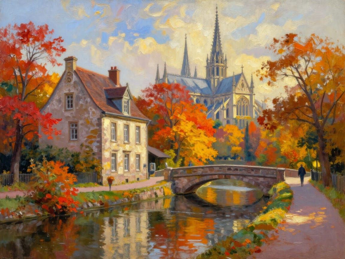 Idyllic Autumn Landscape Oil Painting of European House