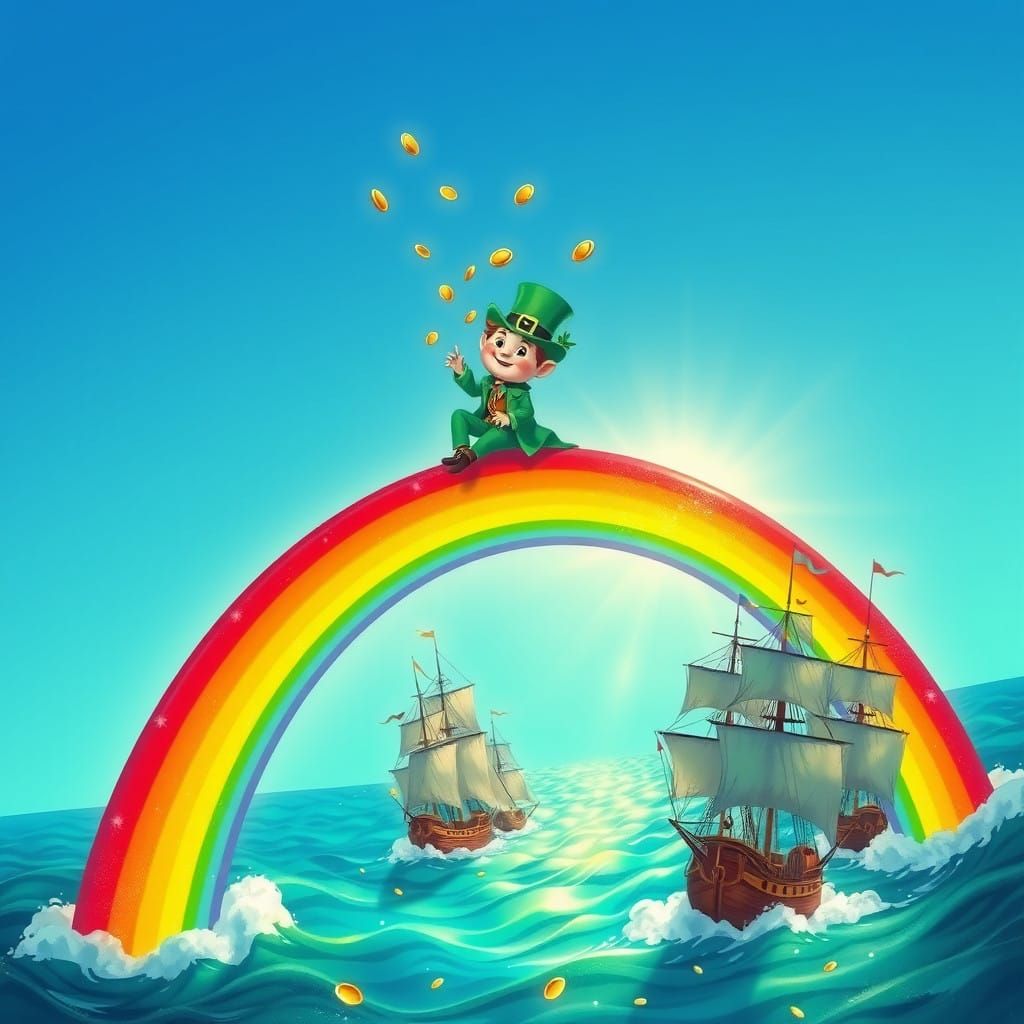 Whimsical Rainbow Bridge Over Ocean, with Leprechaun and Gol...