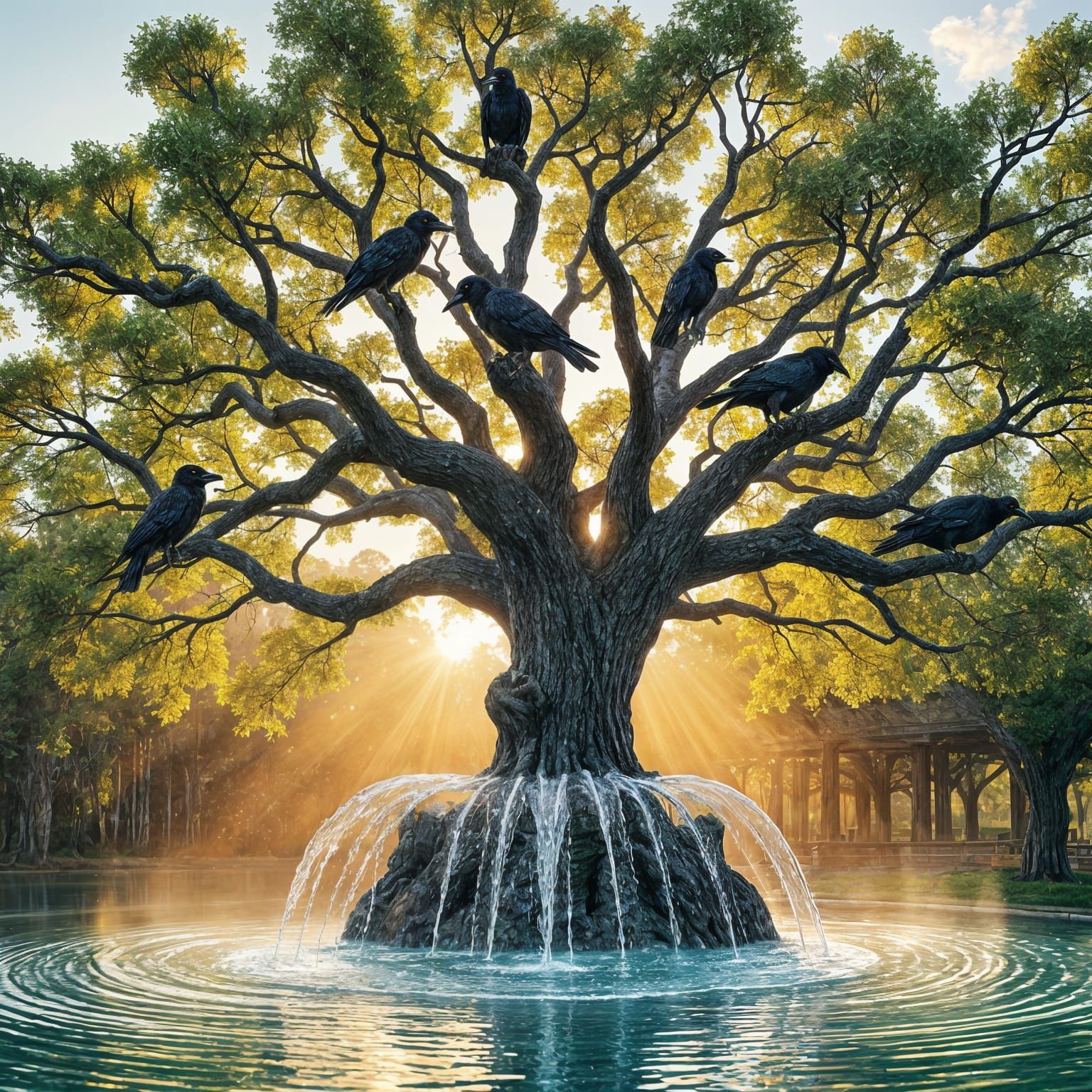 Bioluminescent Raven Fountain in a Magical Forest