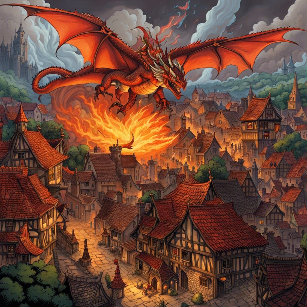 Fire Dragon Attacks Village in Medieval Fantasy Style