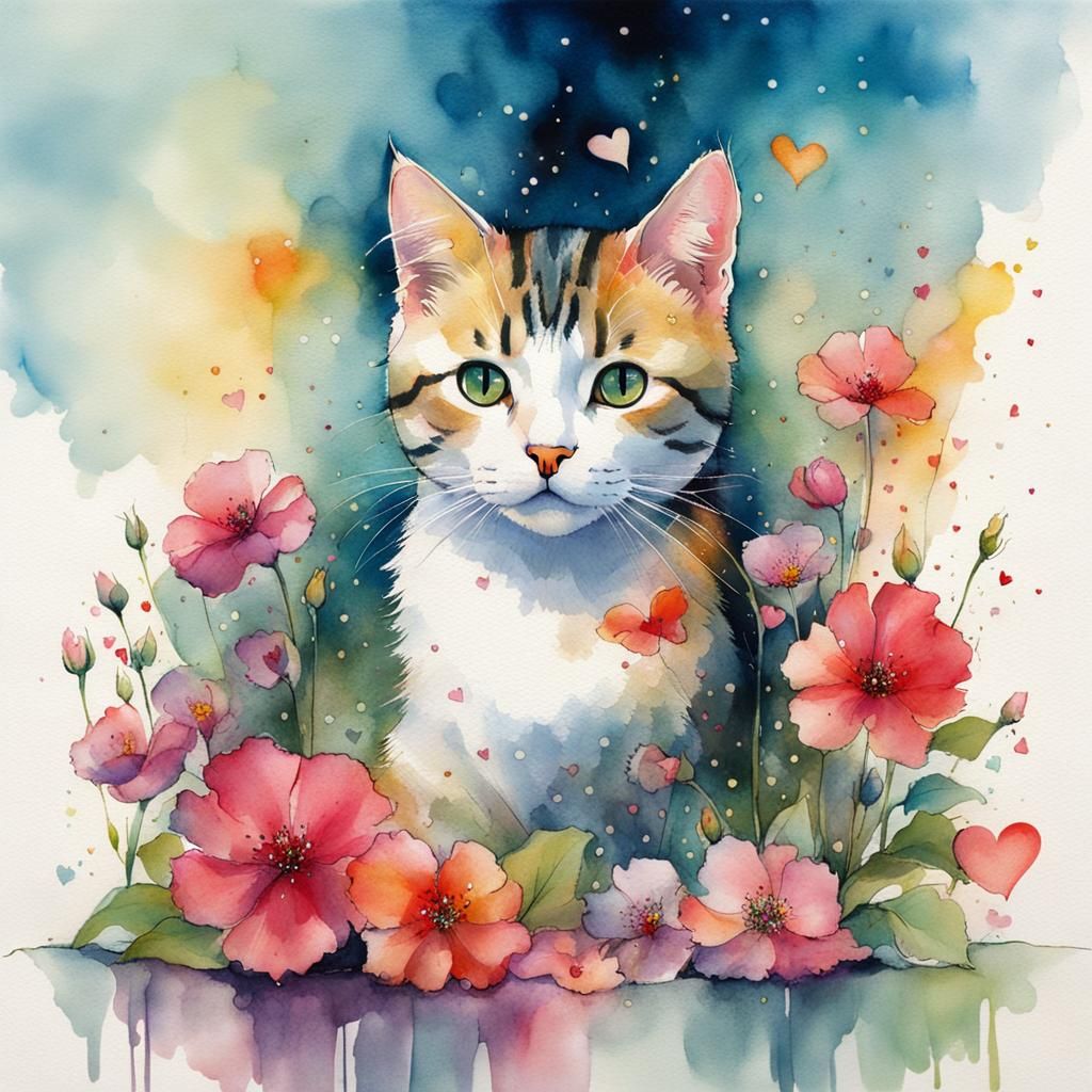 Cat Surrounded by Flowers in Mixed Media Style