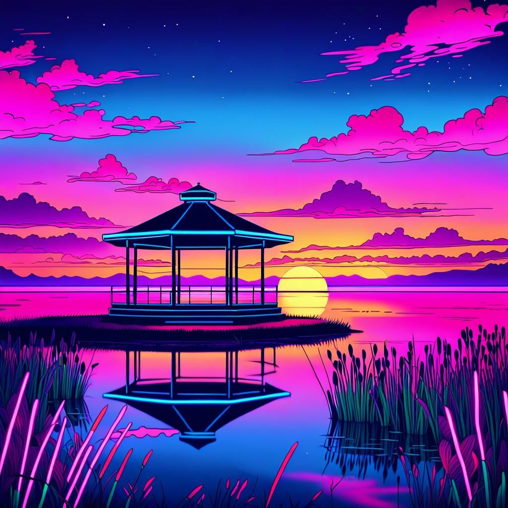 Synthwave Sunset: Neon Gazebo by a Lake