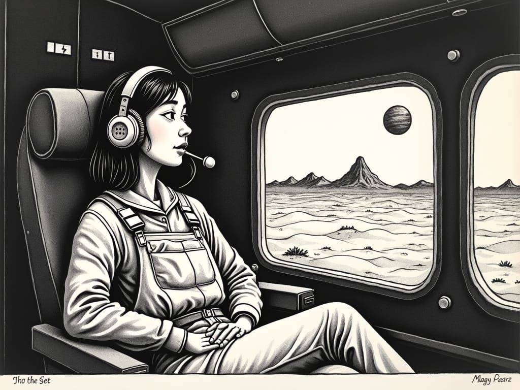 Medieval Woodblock Print: Korean Girl in Spacecraft