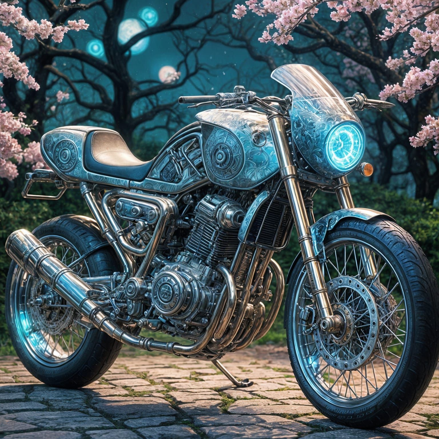 Anime Cyborg Bike in Cherry Blossom Garden