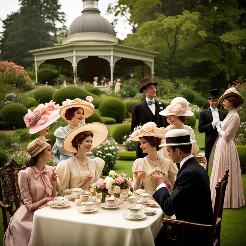 Victorian Tea Party in Lush Garden: Detailed Matte Painting