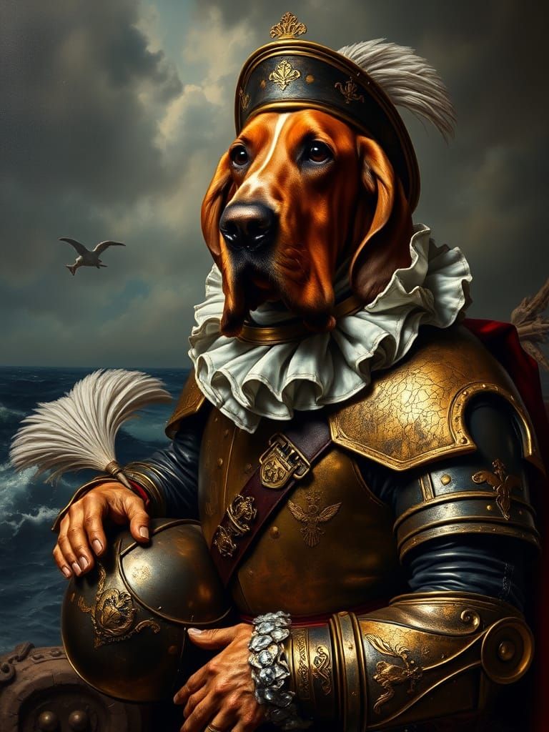 Basset Hound as Conquistador in Old Masters Oil Painting Sty...