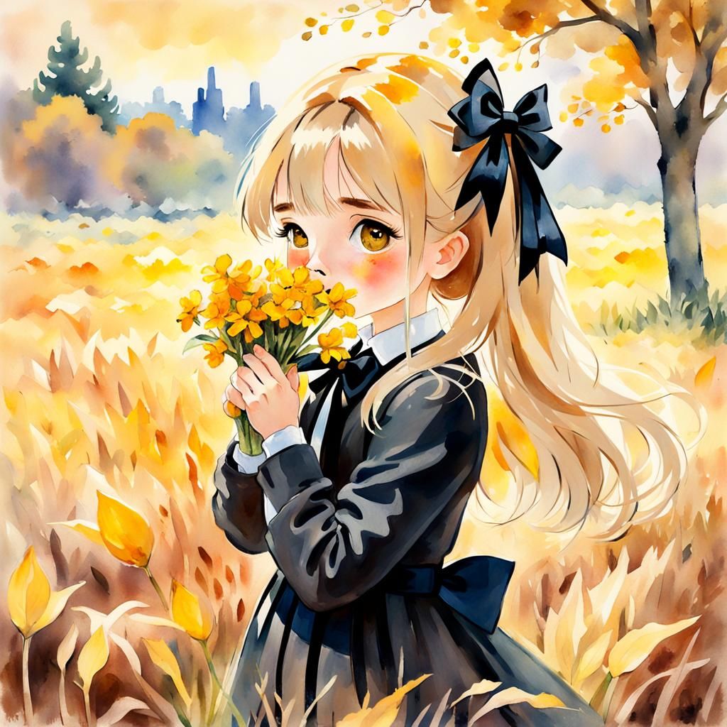 Girl Smelling Flowers: Impressionist Watercolor Painting