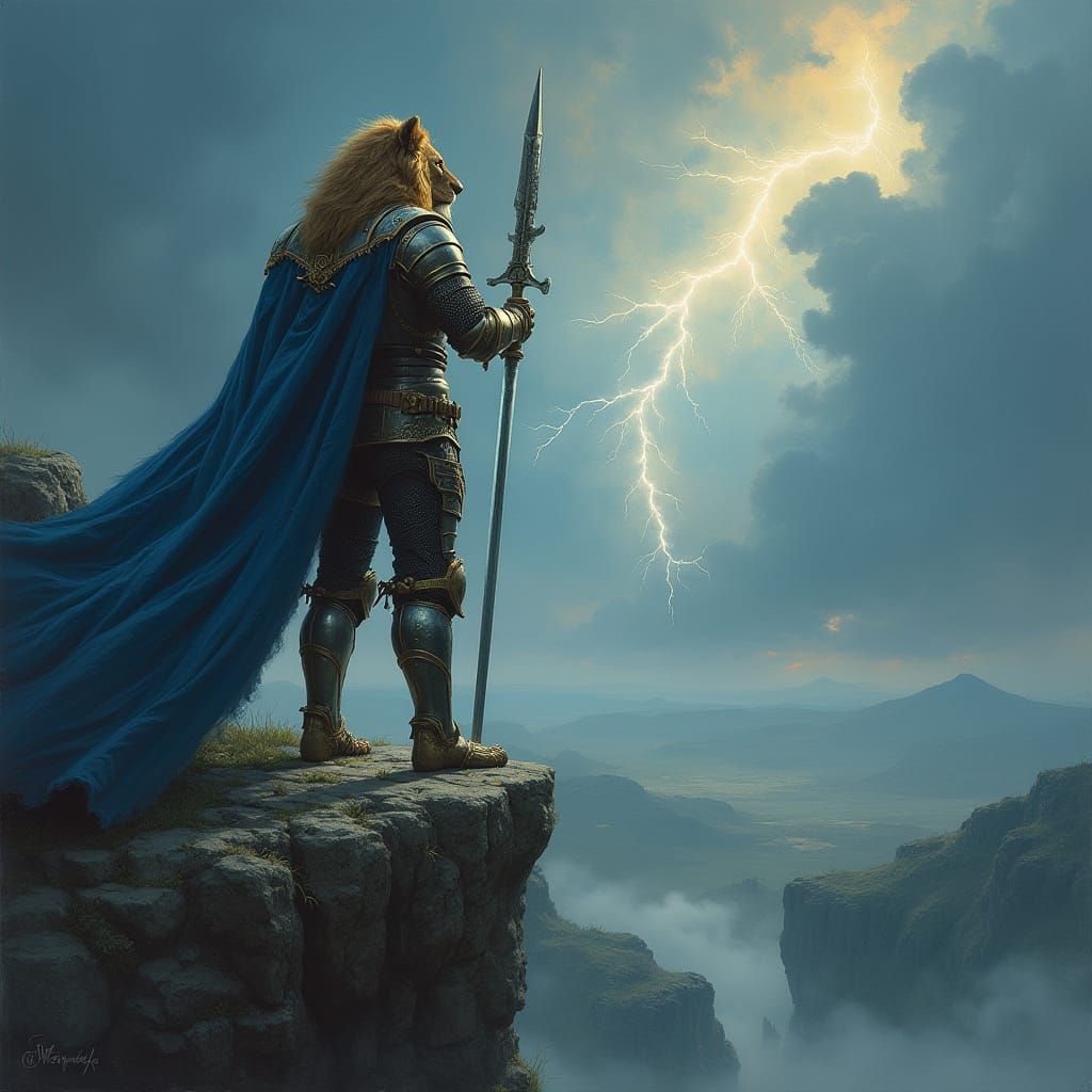 Lion Knight Overlooking Battlefield, in Dramatic Lighting