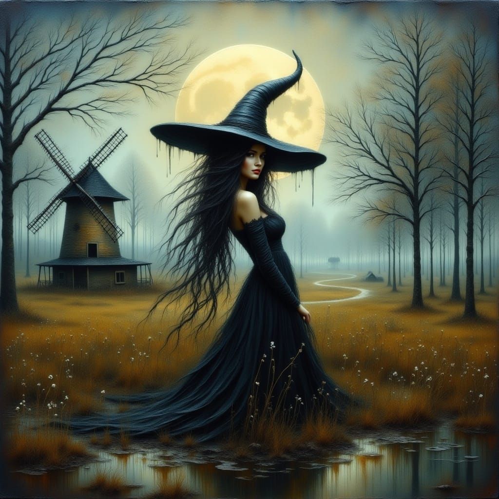 Witch at Windmill: Impasto Oil Painting
