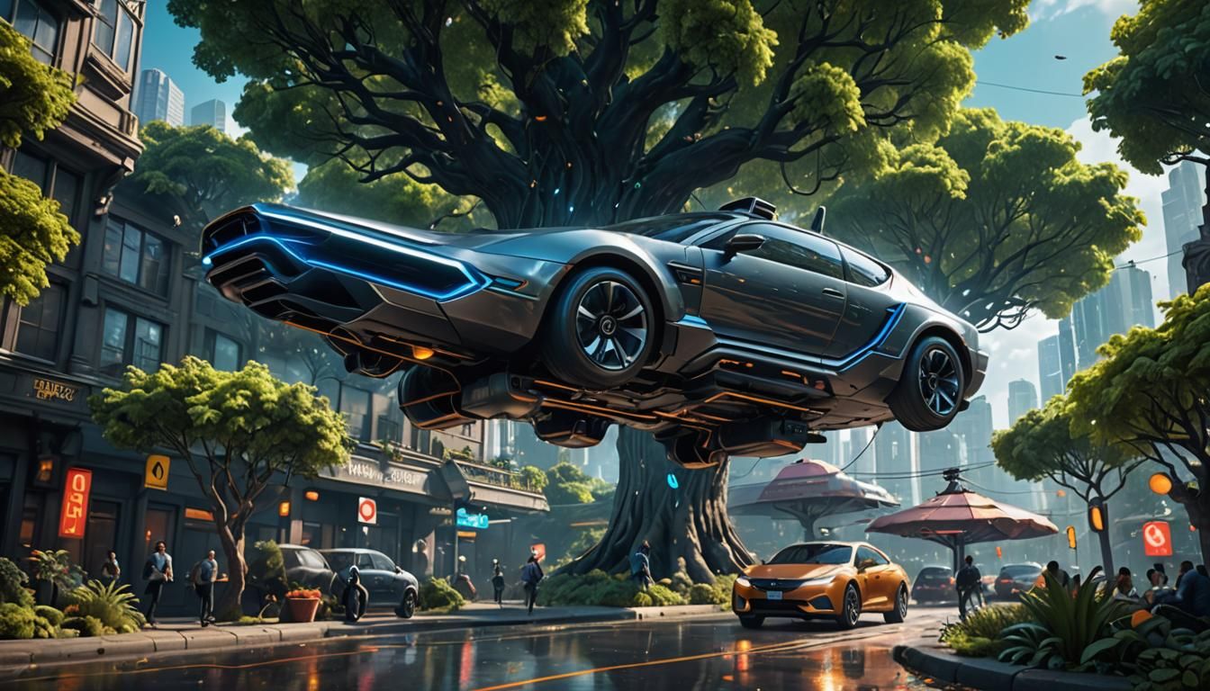 Futuristic Cityscape with Flying Cars in Detailed Digital Ar...